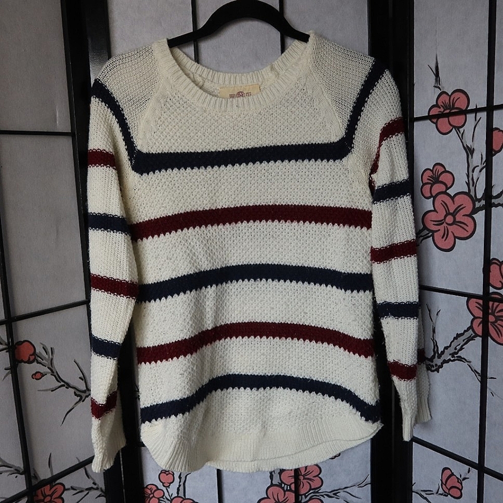 Perfect Pullover Striped Crew Neck Knit Sweater Cream Red and Blue Size Medium